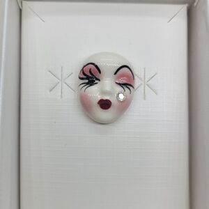 Vintage Fancy Faces Brooch Pin Handpainted Porcelain Mask Wink with Rhinestone